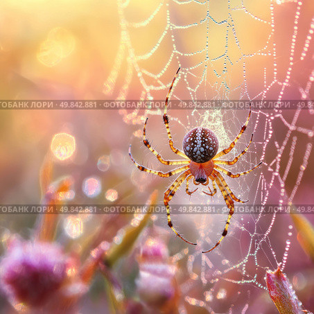 A macro photograph of a colorful spider sitting in the center of a thin, graceful web decorated with drops of dew. In the background is the soft, diffused light of the morning sun with iridescent pink, orange and gold shades. The image is filled with the atmosphere of early morning, calm and harmony of nature. The subtle details of the insect, drops and web emphasize the exquisite beauty of the microworld. Стоковое AI-изображение, AI-художник Анна Кривицкая / Фотобанк Лори