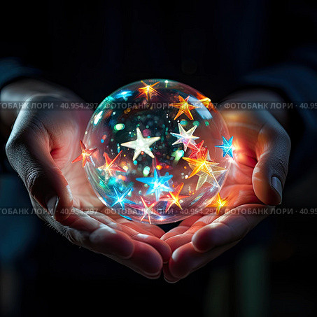 A magic glass ball with a star in female hands. Created by AI. Стоковое AI-изображение, AI-художник Ярославский Максим / Фотобанк Лори