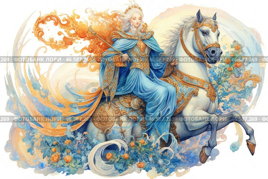A magical fantasy painting depicting a majestic rider on a white horse. The woman is dressed in luxurious blue robes with golden patterns, and her long silver hair flutters in the wind. In one hand, she holds a staff topped with a flame, symbolizing magic and power. The horse is decorated with exquisite harness and looks graceful and powerful. The background is done in a light watercolor style, filled with curls of air, flowers and patterns, creating a sense of fairy tale and movement. The composition symbolizes power, nobility and magical might. Стоковое AI-изображение, AI-художник Анна Кривицкая / Фотобанк Лори