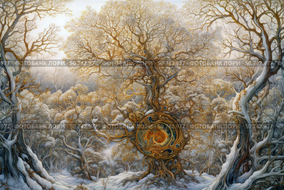 A magical fantasy scene of a winter forest, where in the center of the composition rises an unusual tree with ornate branches and a mystical symbol in the core of the trunk. The tree is decorated with a complex ornament in the Art Nouveau style, with gold and blue elements, reminiscent of a magical portal or an ancient artifact. Around are snow-covered trees, foggy light and soft shades of a cold palette. The atmosphere is fabulous and shrouded in mystery, creating the impression of entering another world. Стоковое AI-изображение, AI-художник Анна Кривицкая / Фотобанк Лори