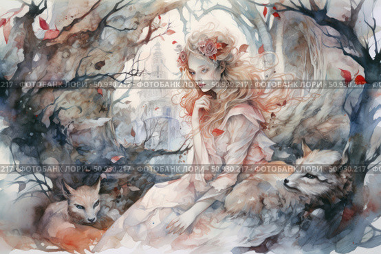 A magical fantasy-style watercolor illustration depicting a mysterious girl in a light dress, sitting among the intertwined branches of a magical forest. Her hair is fluttering in the wind, and next to her are two forest animals - wise and mysterious foxes. In the background, a tall tower is visible, as if from a fairy tale, emphasizing the atmosphere of mystery and magic. The illustration is filled with details, soft pastel colors and a feeling of immersion in another world. Ideal for book design, covers, posters, women's collections and esoteric projects. Стоковое AI-изображение, AI-художник Анна Кривицкая / Фотобанк Лори