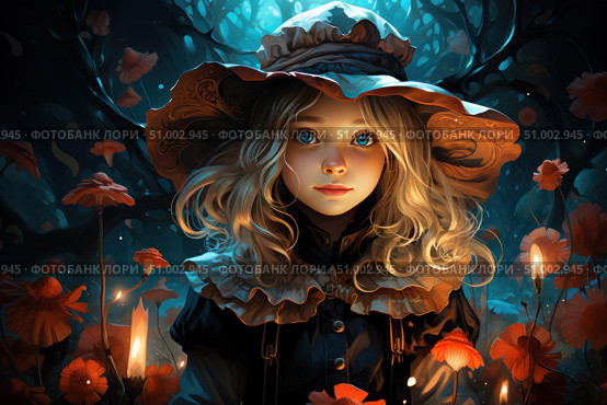 A magical portrait of a young girl with bright blue eyes in a fantasy forest. She is wearing an elegant vintage dress and a large decorative hat. Her face is softly illuminated by a mysterious light coming from candles and glowing flowers. The illustration is made in a fairy-tale style with fantasy elements, perfect for book covers, art projects, postcards and interior prints. The atmosphere of mysticism, mystery and magic. Стоковое AI-изображение, AI-художник Анна Кривицкая / Фотобанк Лори