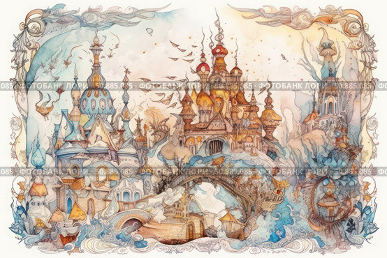 A magical watercolor illustration of a fairytale city with fantastic castles, domes and towers connected by aerial bridges. The composition is filled with the smallest details, flying birds and hovering creatures, creating an atmosphere of wonder and dream. This fantasy painting is inspired by fairy tales, myths and imaginary worlds, perfect for book design, postcards, wallpaper and art nouveau design. Стоковое AI-изображение, AI-художник Анна Кривицкая / Фотобанк Лори