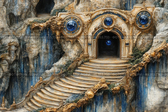 A majestic architectural composition built into the rock. A stone staircase with golden patterns and decorative elements leads to a luxurious gate decorated with blue gemstones inlaid into the arched vaults. Water flows down the rocks, creating the impression of a magical atmosphere of an ancient, possibly lost temple or palace. The entrance deep into the mountain looks mysterious, as if it hides ancient secrets. The color palette combines warm golden tones with cool blue and gray shades. Стоковое AI-изображение, AI-художник Анна Кривицкая / Фотобанк Лори