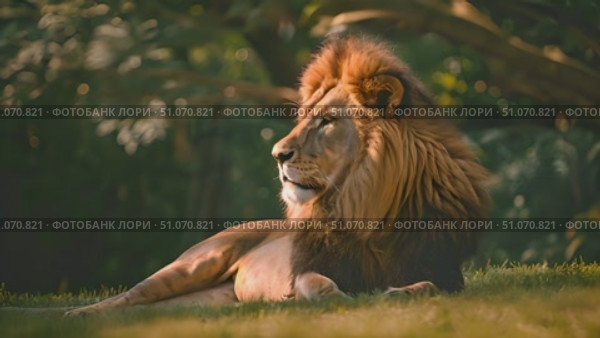 A majestic lion basking in the warm afternoon sun, showcasing its impressive mane and powerful presence. Стоковое AI-видео, аниматор Данила Большаков / Фотобанк Лори