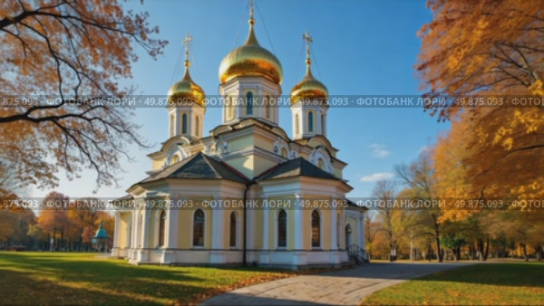 A majestic white Orthodox church with golden domes stands in a park with colorful autumn trees under a blue sky with clouds. Стоковое AI-видео, аниматор Sergey Grishin / Фотобанк Лори