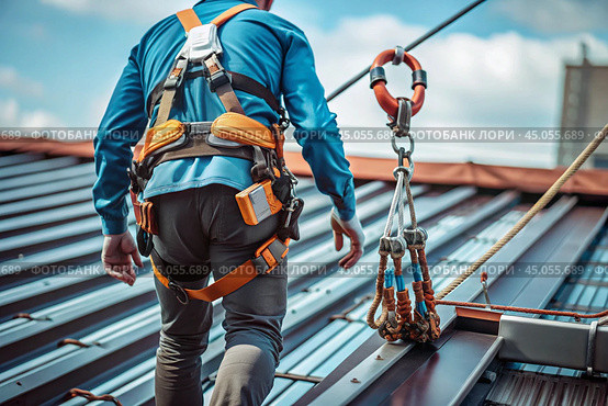 A male construction worker in protective gear, safety belts and with safety belt hooks for working at high altitude. Construction, repair, cleaning, installation. Стоковое AI-изображение, AI-художник Photojuli / Фотобанк Лори