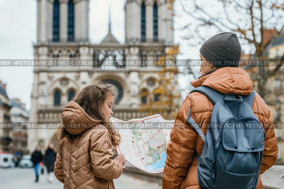 A man and a girl planning their travel itinerary in front of a cathedral, studying a map. Стоковое AI-изображение, AI-художник Юрий Поздников / Фотобанк Лори