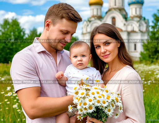 A man and a woman holding a baby in front of an Orthodox church. Since 2008, Russia has celebrated July 8 as the Day of Family, Love, and Fidelity, dedicated to Peter and Fevronia of Murom. Стоковое AI-изображение, AI-художник Сергей Елизарьев / Фотобанк Лори