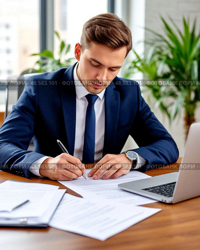 A man businessman while working in the company's office. Work with Laptop and documents. Стоковое AI-изображение, AI-художник Сергей Елизарьев / Фотобанк Лори