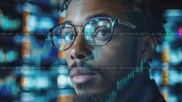 A man deeply concentrates amidst a backdrop of colorful screens, embodying the essence of innovation in a high-tech setting. Стоковое AI-видео, аниматор Данила Большаков / Фотобанк Лори