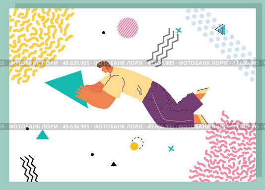 A man flying in abstract imaginary space organizing geometric shapes. Person in a pose of movement collecting figures. Teamwork and team building organization concept. Modern business illustration. A man flying in abstract imaginary space organizing different geometric shapes. Teamwork concept. Стоковая иллюстрация, агентство Ingram Publishing / Фотобанк Лори