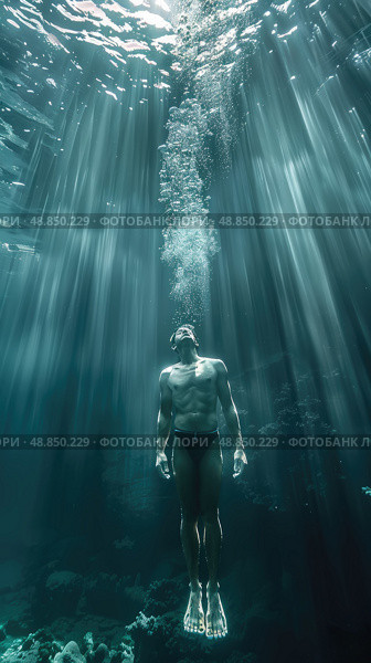 A man freedives in a cenote, sunlight beams streaming down from above. Стоковое AI-изображение, AI-художник Данила Большаков / Фотобанк Лори