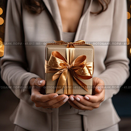 A man holding a gift box symbolizing the advent of Christmas and New Year. Created by AI. Стоковое AI-изображение, AI-художник Ярославский Максим / Фотобанк Лори