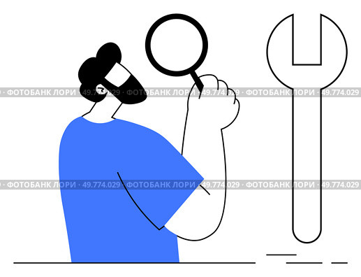 A man holds a magnifying glass observing a large wrench, suggesting analysis and problem-solving in technical contexts. Ideal for themes including technical support, engineering, troubleshooting. Man with Magnifying Glass and Wrench Represents Problem Solving and Technical Analysis. Стоковая иллюстрация, агентство Ingram Publishing / Фотобанк Лори
