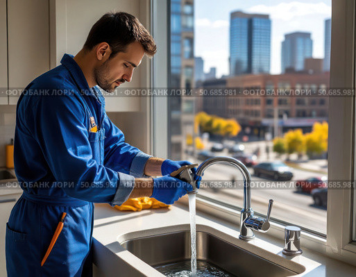 A man in a blue uniform is fixing a sink. Стоковое AI-изображение, AI-художник Ярославский Максим / Фотобанк Лори