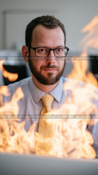 A man in a formal office environment, wearing a light blue dress shirt, a patterned yellow tie, and black-framed glasses. He has short dark hair, a neatly groomed beard, and an intense, focused expression. In front of him, large flames dominate the foreground, partially obscuring his body and suggesting either a literal fire or a metaphorical representation of chaos, urgency, or high-pressure situations. The background is softly blurred, keeping the attention on the subject and the dramatic flames, which appear vivid and dynamic, casting a warm glow on his face. The contrast between his composed demeanor and the chaotic element of the fire creates a visually striking and somewhat ironic scene. Стоковое AI-изображение, AI-художник Ксения Чунаева / Фотобанк Лори