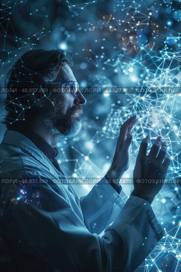 A man in a lab coat manipulates a holographic network of dots and lines with intensity, surrounded by blue light. Стоковое AI-изображение, AI-художник Данила Большаков / Фотобанк Лори