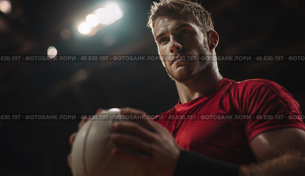 A man in a red shirt is holding a white volleyball. Стоковое AI-изображение, AI-художник Ярославский Максим / Фотобанк Лори