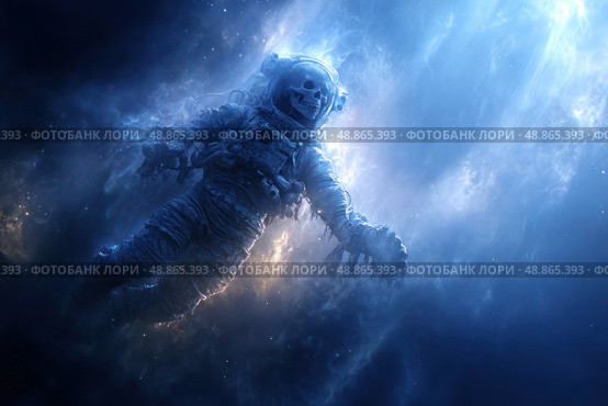 A man in a space suit is floating in space. Стоковое AI-изображение, AI-художник Ярославский Максим / Фотобанк Лори