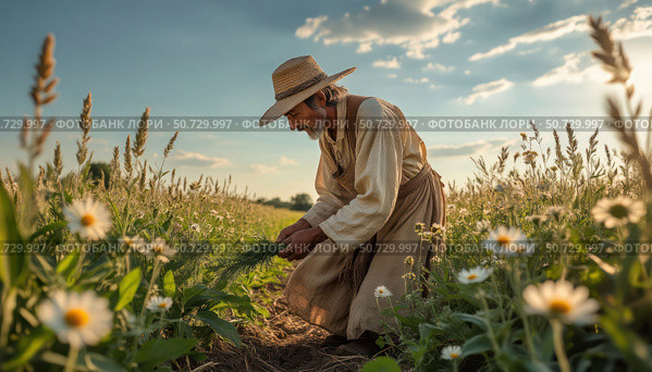 A man in a straw hat is working in a field of flowers. Стоковое AI-изображение, AI-художник Ярославский Максим / Фотобанк Лори