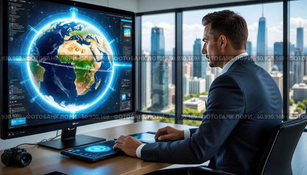 A man in a suit is sitting at a desk in front of a computer monitor that shows a. Стоковое AI-изображение, AI-художник Ярославский Максим / Фотобанк Лори