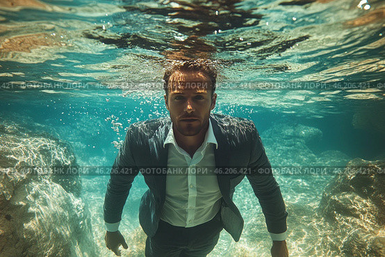 A man in an elegant business suit, who is underwater. The light penetrates the water surface, creating spectacular highlights on his face and clothes. His expression is serious, confident, as if he is moving towards a goal. Around him is transparent water with shades of turquoise, an underwater world with stones and reflections. This contrast between the strictness of the business image and the freedom of the underwater space creates a strong artistic effect. Стоковое AI-изображение, AI-художник Анна Кривицкая / Фотобанк Лори