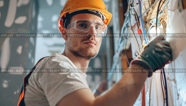 A man in hard hat and goggles is in construction, prioritizing safety with protective gear. Стоковое AI-изображение, AI-художник Юрий Поздников / Фотобанк Лори