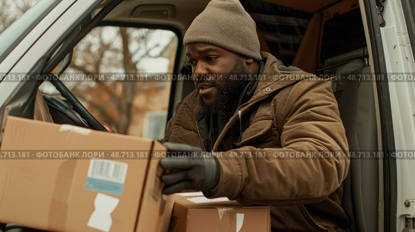 A man in warm clothing carefully unloads packages from a delivery van while seated inside in a chilly residential area. Стоковое AI-изображение, AI-художник Данила Большаков / Фотобанк Лори