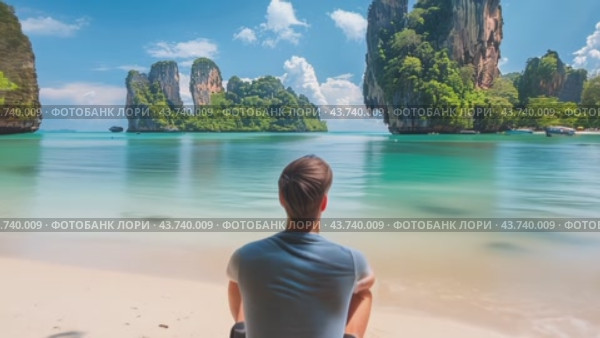 A man is comfortably sitting on a lovely beach while gazing out at the vast ocean before him. Стоковое AI-видео, аниматор Юрий Поздников / Фотобанк Лори
