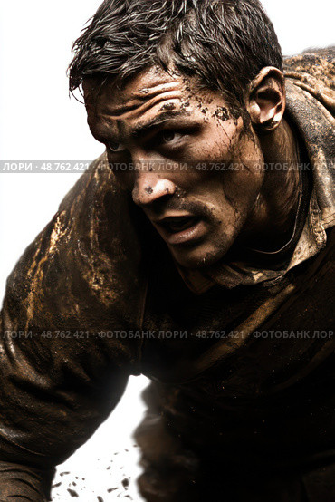 A man is covered in mud and dirt, with his face showing a look of determination. Стоковое AI-изображение, AI-художник Ярославский Максим / Фотобанк Лори