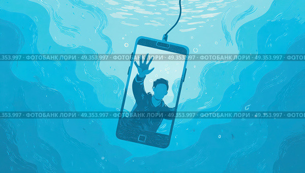 A man is in a cell phone in the water. Стоковое AI-изображение, AI-художник Ярославский Максим / Фотобанк Лори