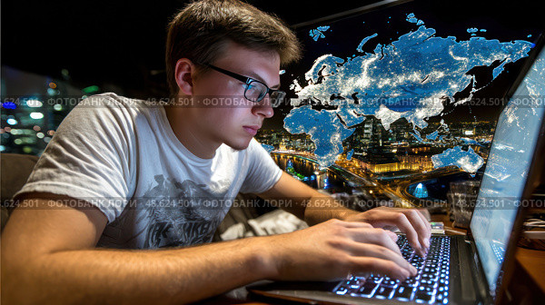 A man is typing on a laptop with a map of the world in the background. Стоковое AI-изображение, AI-художник Ярославский Максим / Фотобанк Лори