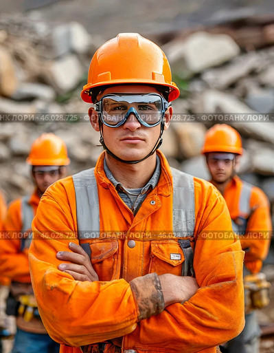 A man observes safety precautions at work while clearing rubble. Safety precautions at work. Стоковое AI-изображение, AI-художник Сергей Елизарьев / Фотобанк Лори