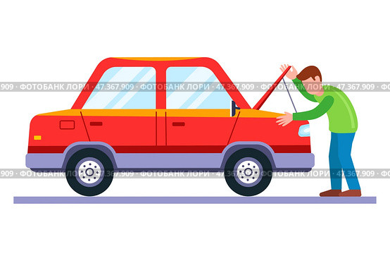 A man opened the hood of a car to fix a vehicle. broken car. Стоковая иллюстрация, иллюстратор Вячеслав Беспутин / Фотобанк Лори