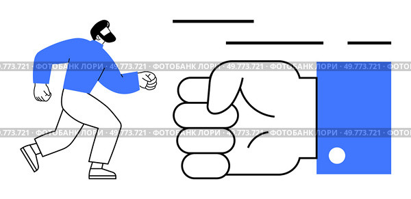 A man running towards a giant fist ready to punch. Ideal for themes like motivation, strength, determination, confrontation, and challenge. Simple lines and vibrant blue color. Man Running Towards Giant Fist Colorful Cartoon Style Featuring Blue. Стоковая иллюстрация, агентство Ingram Publishing / Фотобанк Лори
