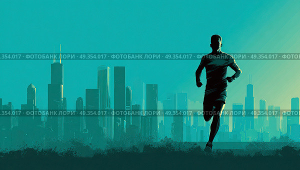 A man runs through a cityscape with tall buildings in the background. Стоковое AI-изображение, AI-художник Ярославский Максим / Фотобанк Лори