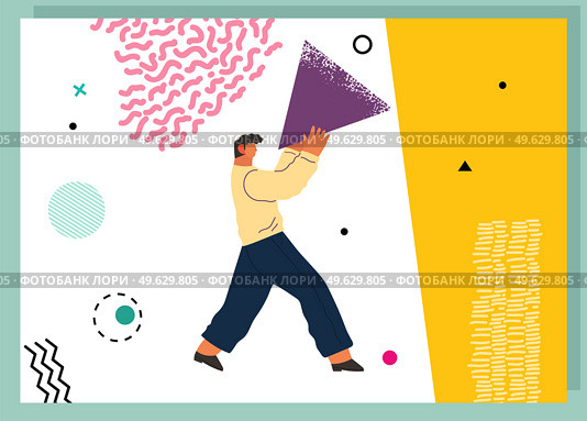 A man standing in abstract imaginary space organizing geometric shapes. Person in a pose of movement collecting figures. Teamwork and team building organization concept. Modern business illustration. A man standing in abstract imaginary space organizing different geometric shapes. Teamwork concept. Стоковая иллюстрация, агентство Ingram Publishing / Фотобанк Лори