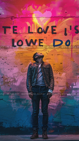 A man standing in front of a colorful graffiti-covered wall on a city street. Стоковое AI-изображение, AI-художник Данила Большаков / Фотобанк Лори