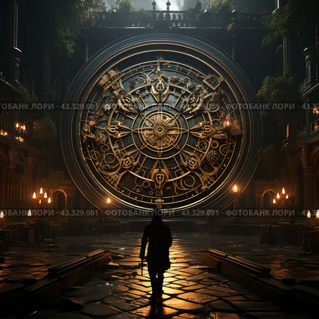 A man standing in front of giant clock mechanisms in an ancient, majestic hall. The watch is made in a complex, gothic style with many details and patterns. The atmosphere of the stage is full of mystery and historical significance. The hall is lit with soft torchlight, giving the scene a dramatic and mysterious look. There is a lot of greenery around, which gives the ancient hall an atmosphere of abandonment and antiquity. Стоковое AI-изображение, AI-художник Анна Кривицкая / Фотобанк Лори