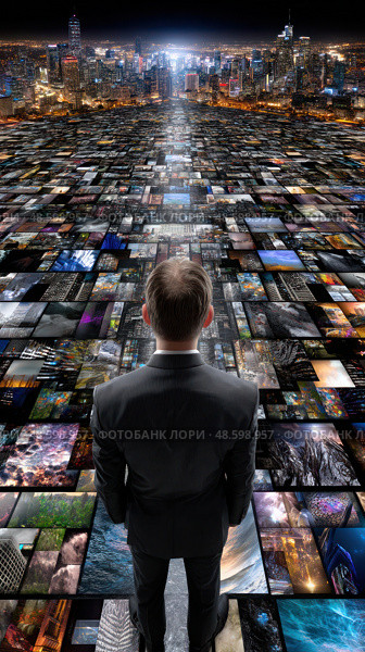 A man stands in front of a cityscape with many different images. Стоковое AI-изображение, AI-художник Ярославский Максим / Фотобанк Лори