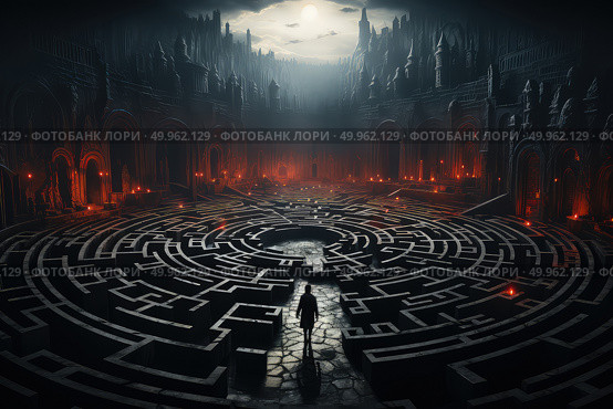A man stands in the center of a maze constructed within a room. The complex design creates a puzzling environment for the individual. Стоковое AI-изображение, AI-художник Данила Большаков / Фотобанк Лори