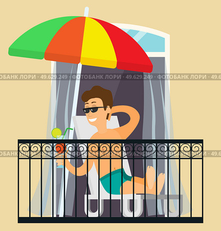 A man sunbathing, resting on the balcony, lies with a cocktail in hands on a sun lounger under an umbrella. Enjoying summer season from balcony of apartment or hotel room. Fun sunbathe activity indoor. A man sunbathing, resting on the balcony, lies with a cocktail on a sun lounger under an umbrella. Стоковая иллюстрация, агентство Ingram Publishing / Фотобанк Лори