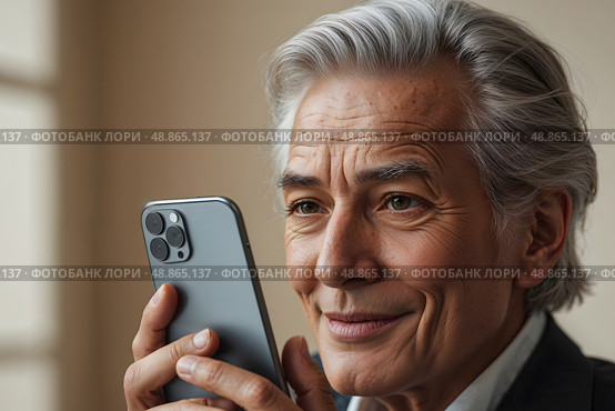 A man talks on the phone with scammers for a long time. Стоковое AI-изображение, AI-художник Александр Поташев / Фотобанк Лори