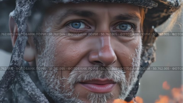 A man with a beard and blue eyes is in front of a fire. Стоковое AI-видео, аниматор Виктория Кольцова / Фотобанк Лори