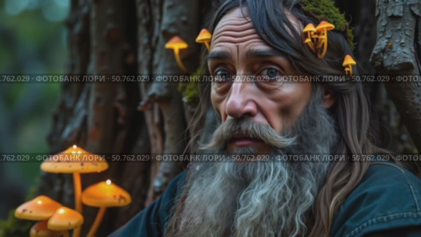 A man with a beard and long hair is sitting under a tree with mushrooms on his head. Стоковое AI-видео, аниматор Виктория Кольцова / Фотобанк Лори