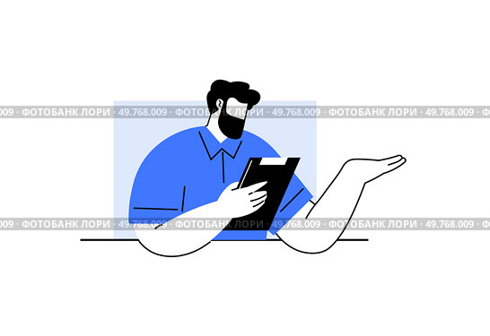A man with a beard wearing a blue shirt reads from a clipboard while gesturing with one hand. Ideal for educational materials business presentations professional discussions modern workplace themes. Businessman Reading and Presenting Data in Modern Minimalist Style. Стоковая иллюстрация, агентство Ingram Publishing / Фотобанк Лори