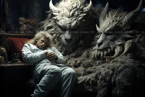 A man with long blond hair, dressed in white, sitting in a cozy but somewhat sinister setting. He is on a sofa with a red cushion, surrounded by two huge, fantastical creatures with expressive faces and horns. The creatures have massive, shaggy bodies and sinister eyes, but their expressions are more friendly than hostile. The background of the painting is dark and mysterious, with various sculptures and art objects creating an atmosphere of mysticism and fantasy. The man appears calm, perhaps thoughtful, despite his surroundings. Стоковое AI-изображение, AI-художник Анна Кривицкая / Фотобанк Лори