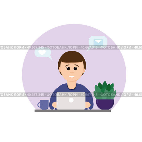 A man work at a laptop, write message in a flat style. concept distance remote communication. safety during the epidemic and quarantine. online, social media email. Стоковая иллюстрация, иллюстратор Ирина Самойлова / Фотобанк Лори