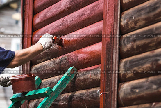 A man works with a brush and applies red paint to a wooden village house. A worker paints wooden planks in close-up. Half of the painted surface. Smearing with a brush. Стоковое фото, фотограф Photojuli / Фотобанк Лори